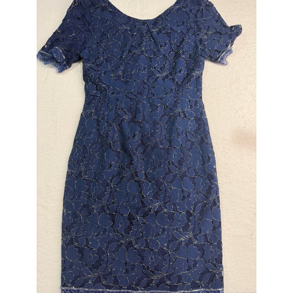 Everly Navy Blue Gold Metallic Floral Lace Sheath Cocktail Dress Short Sleeve S